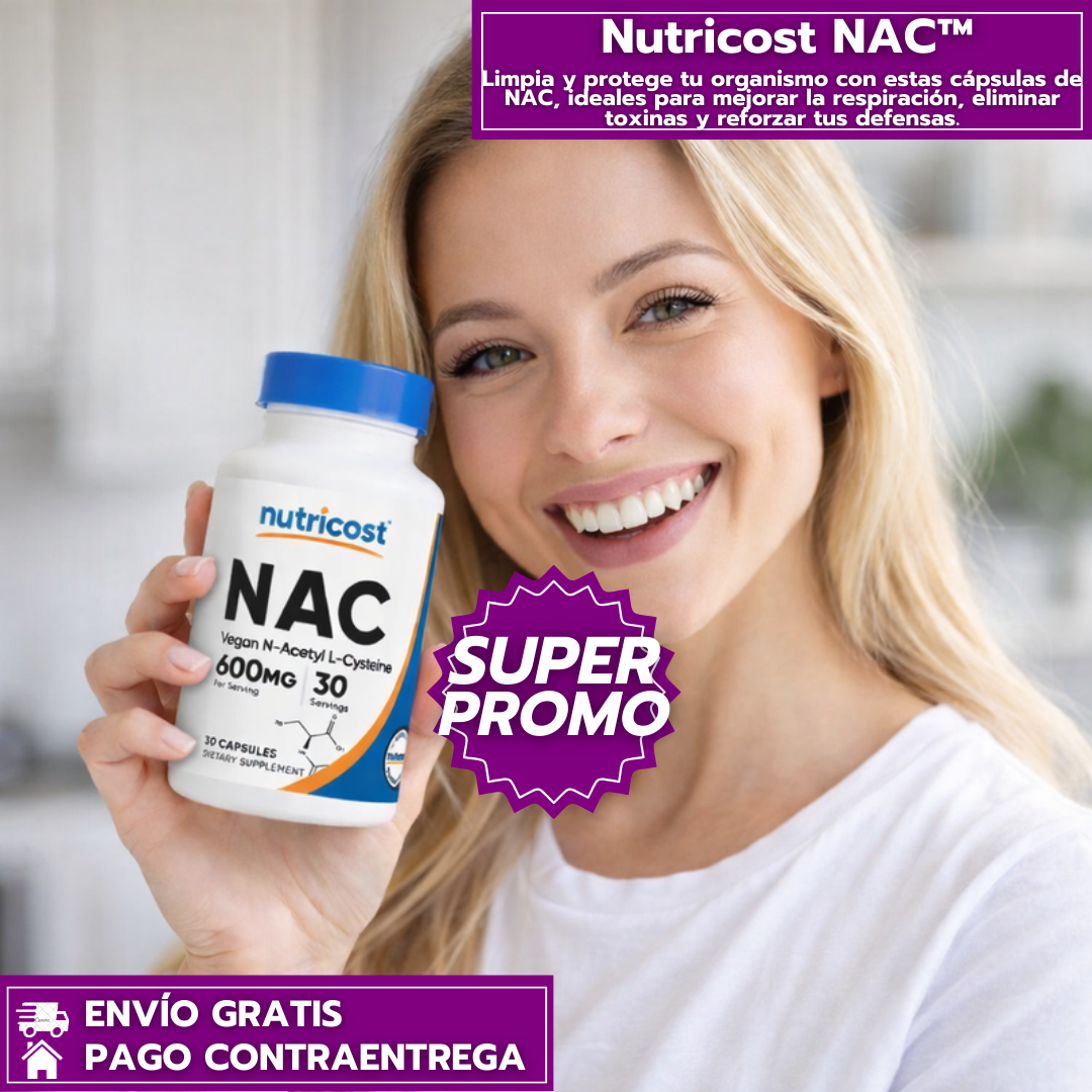 Nutricost NAC™: Apoya la salud pulmonar, protege las células y favorece la desintoxicación natural.