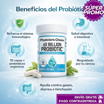 60 BILLION PROBIOTIC™: Probiótico de Alta Potencia con 10 Cepas para Salud Digestiva e Intestinal
