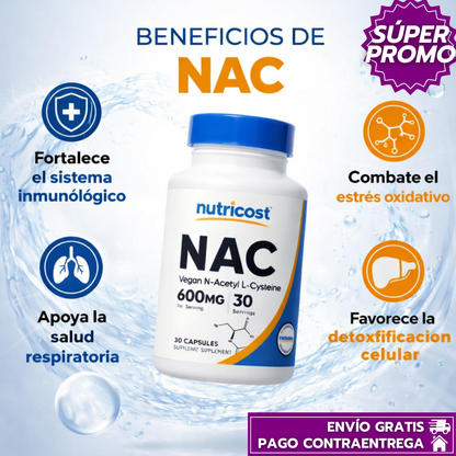 Nutricost NAC™: Apoya la salud pulmonar, protege las células y favorece la desintoxicación natural.